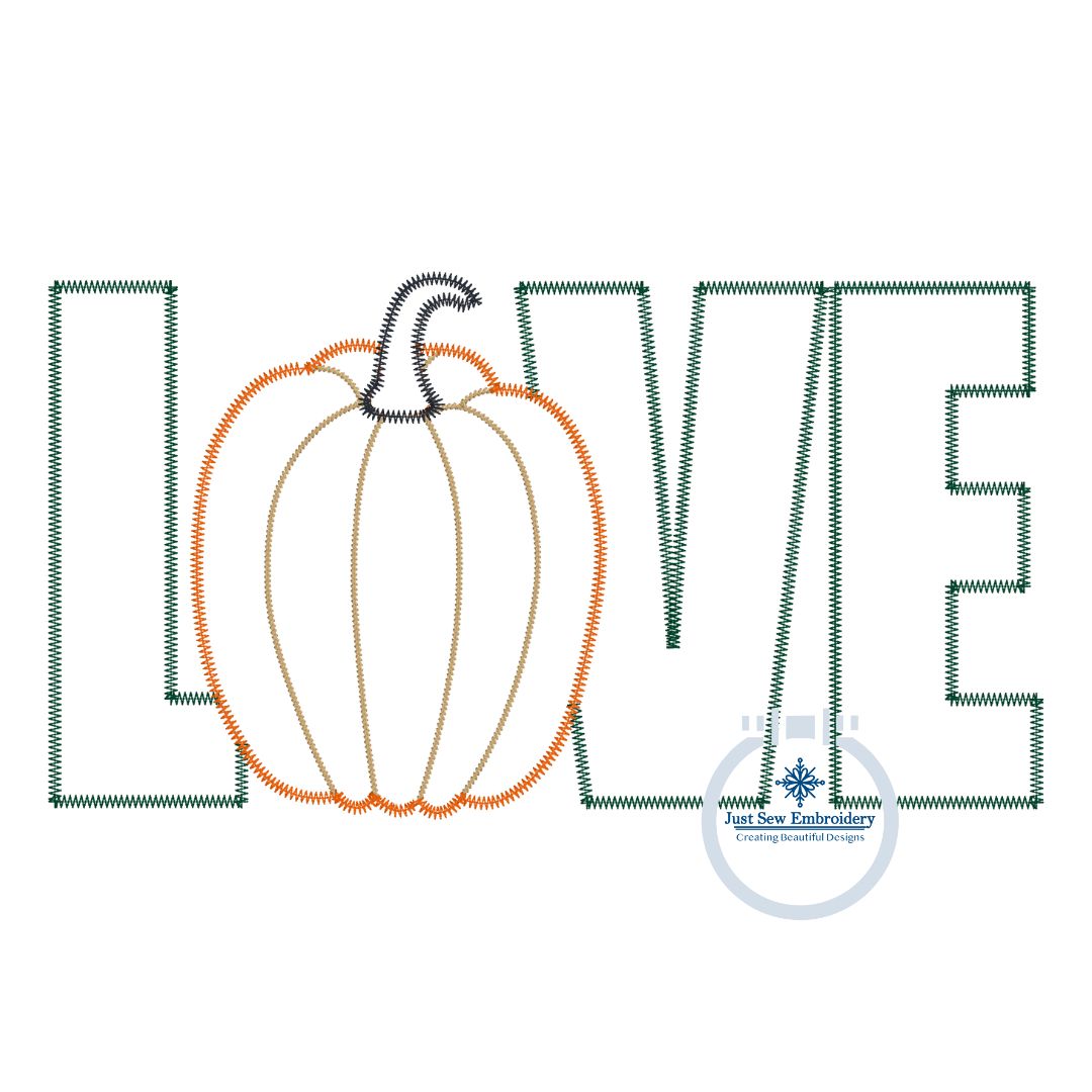 LOVE Pumpkin Zigzag Applique Machine Embroidery Design 8x12 Hoop Fall