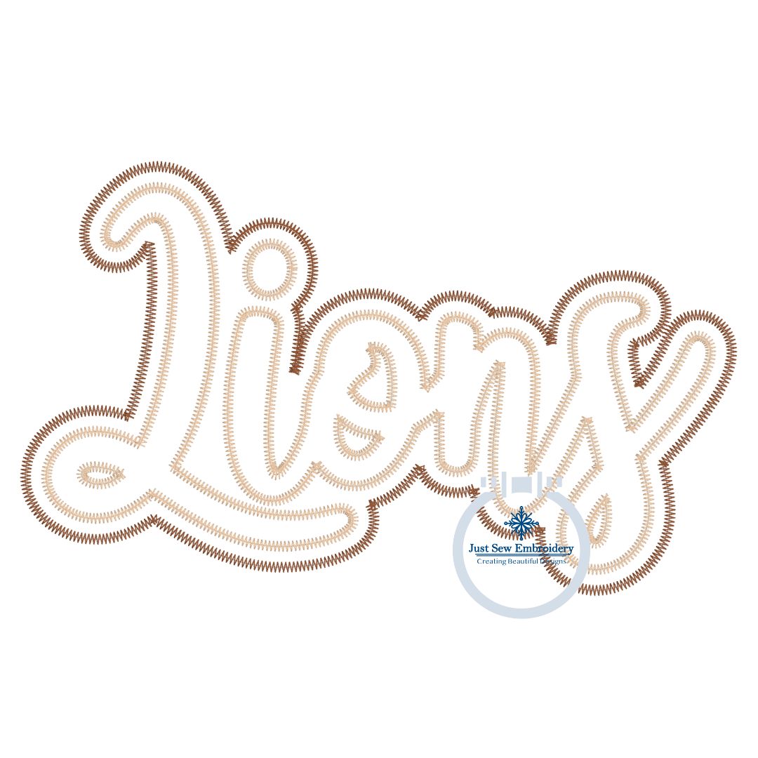 LIONS Script Applique Two Layer Embroidery Design Machine Embroidery Five Sizes Zigzag Stitch 5x7, 8x8, 6x10, 7x12, and 8x12 Hoop