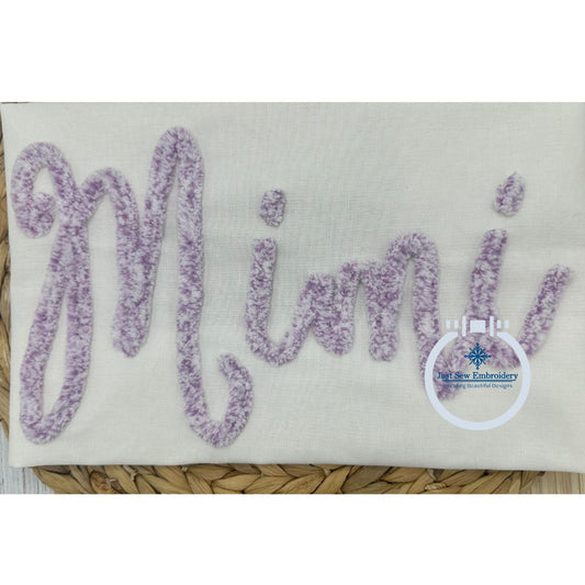 MIMI Script Chenille Yarn Applique Design Machine Embroidery Four Sizes 5x7, 8x8, 6x10, and 7x12 Hoop