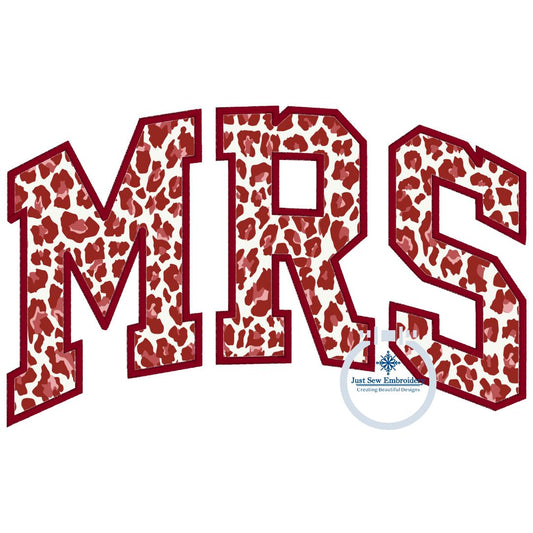 MRS Applique Embroidery Arched Design Academic Font Satin Edge Stitch in Four Sizes 5x7, 6x10, 8x8, and 8x12 Hoop
