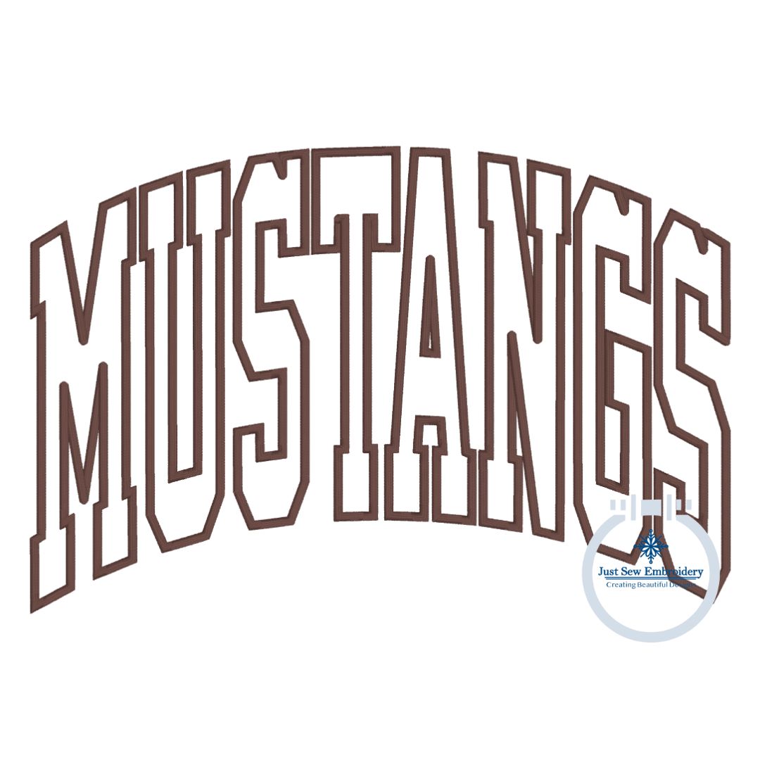 MUSTANGS Arched Satin Applique Embroidery Satin Edge Three Sizes 6x10, 7x12, 8x12 Hoop