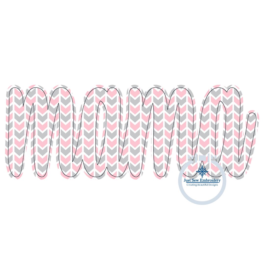 Mama Script Applique Embroidery Design Bean Raggy Edge Stitch Four Sizes 5x7, 6x10, 8x8, 8x12 Hoop