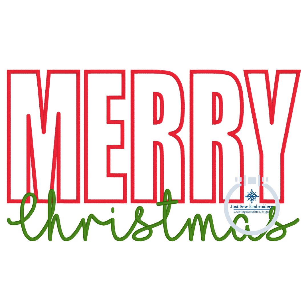 Merry Christmas Applique Machine Embroidery Design with Satin Edge Stitch and Satin Script Five Sizes 5x7, 8x8, 9x9, 6x10, 7x12 Hoop