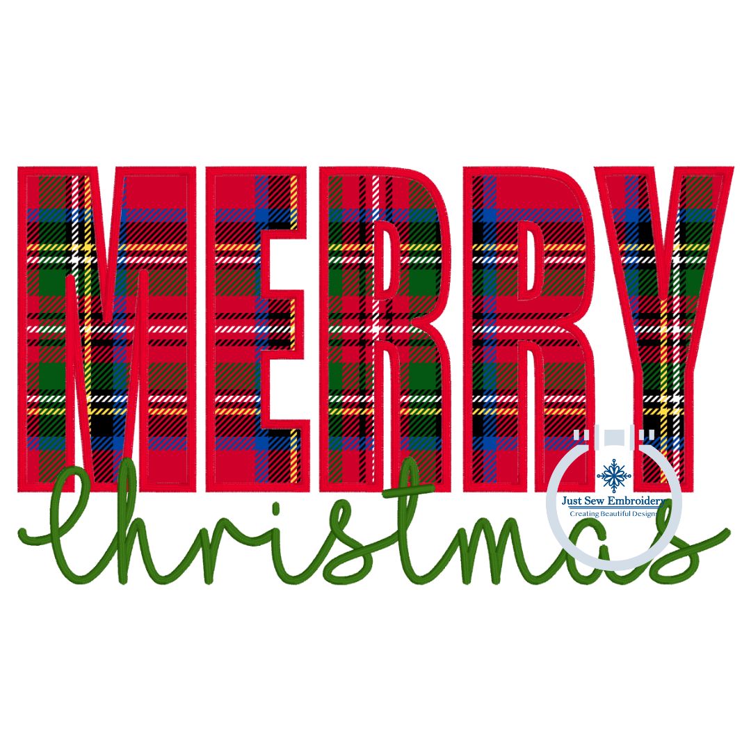 Merry Christmas Applique Machine Embroidery Design with Satin Edge Stitch and Satin Script Five Sizes 5x7, 8x8, 9x9, 6x10, 7x12 Hoop