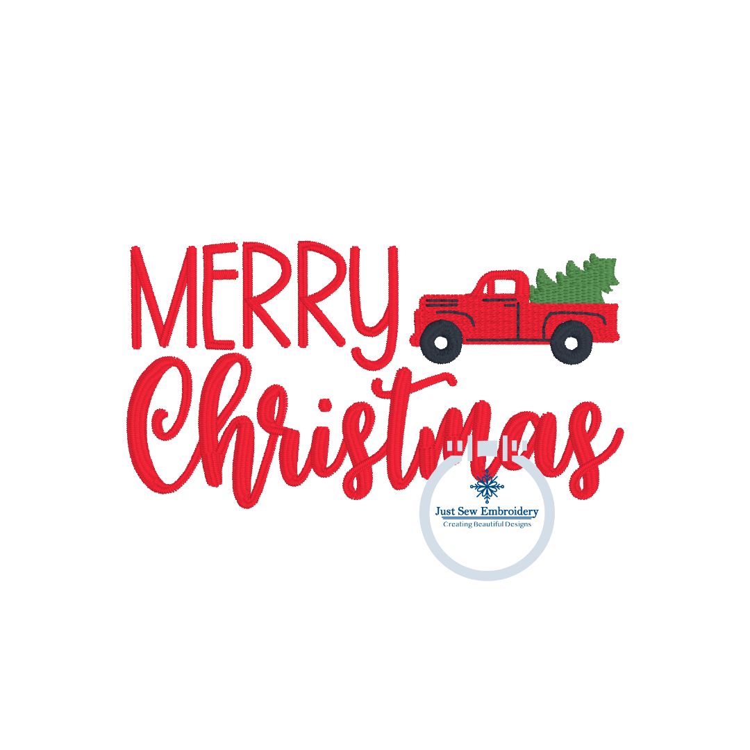 Merry Christmas Truck Machine Embroidery Design Satin Stitch 4x4 Hoop