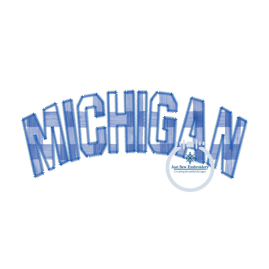 MI Michigan Arched Zigzag Applique Embroidery Design Three Sizes 8, 10, and 12 inches wide