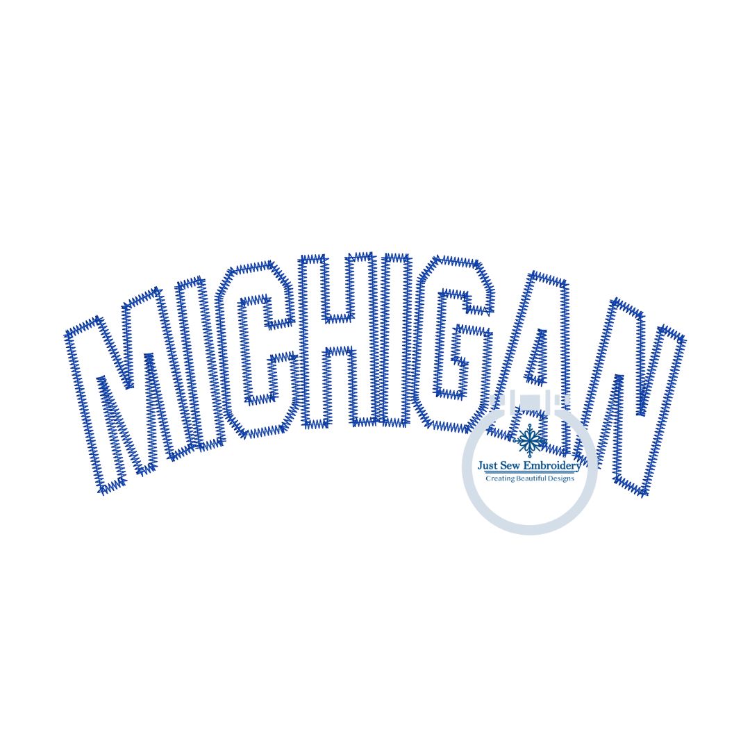 MI Michigan Arched Zigzag Applique Embroidery Design Three Sizes 8, 10, and 12 inches wide