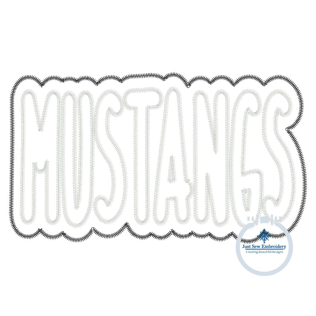 MUSTANGS Two Layer Applique Embroidery Design Machine Embroidery Two Color ZigZag Edge Four Sizes 5x7, 8x8, 6x10, 8x12 Hoop