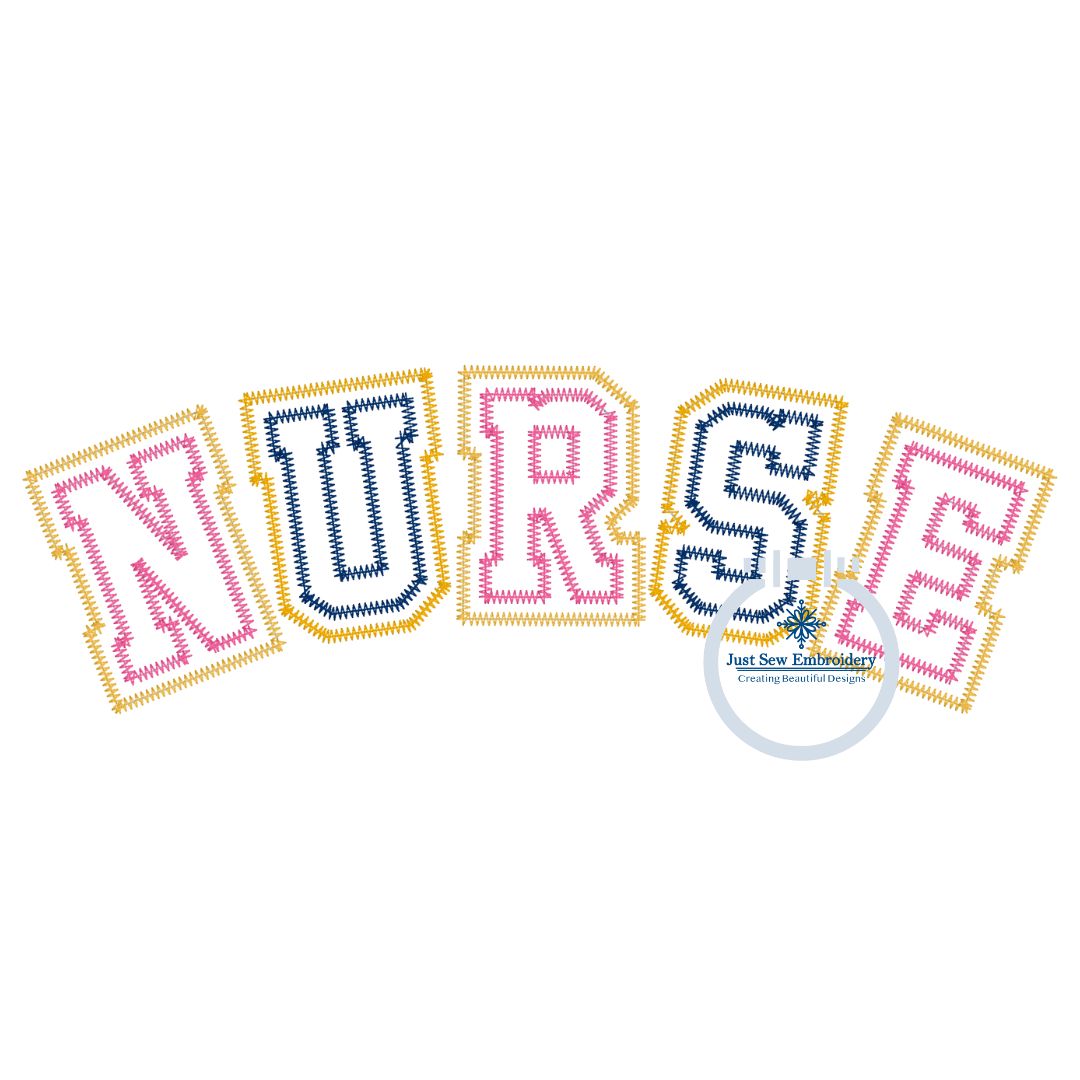 NURSE Arched Double Zigzag Applique Embroidery Nursing Nurses Design Two Sizes 10 inch and 12 inch