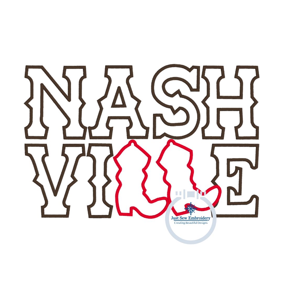Nashville Cowboy Boot Applique Embroidery Design with Satin Edge Stitch in Four Sizes 5x7, 8x8, 6x10, and 8x12 Hoop