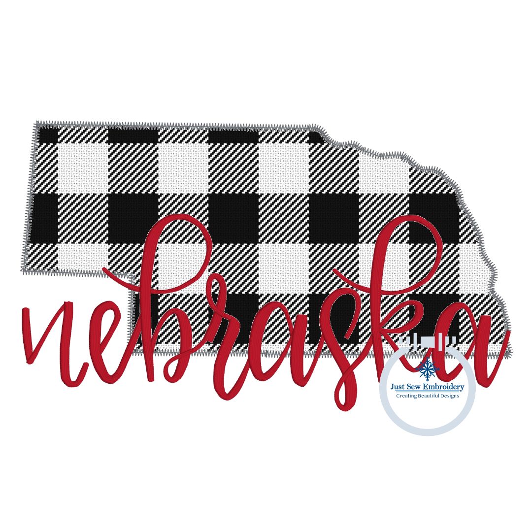 Nebraska Applique State with Embroidered Script Overlapping NE Design Full Chest 8x12 Hoop