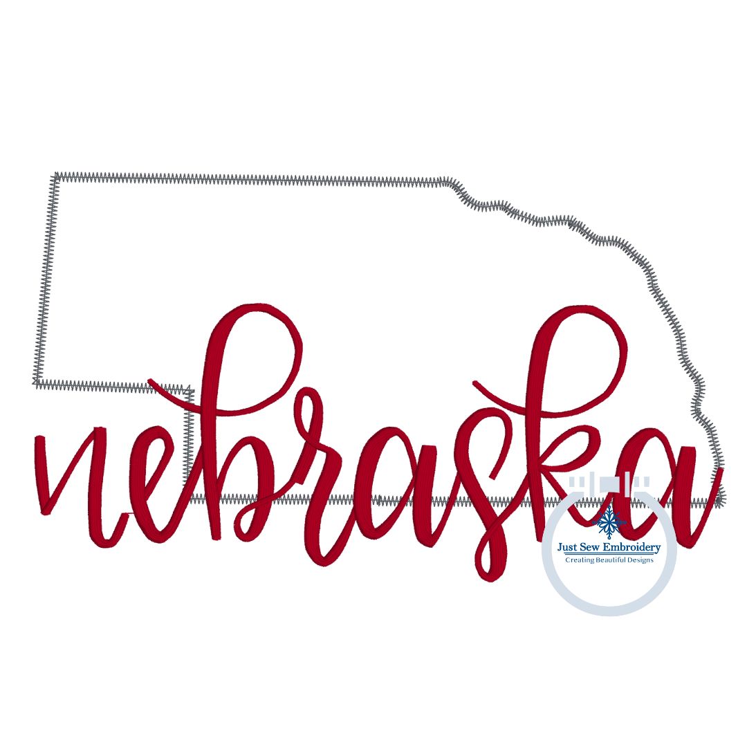 Nebraska Applique State with Embroidered Script Overlapping NE Design Full Chest 8x12 Hoop