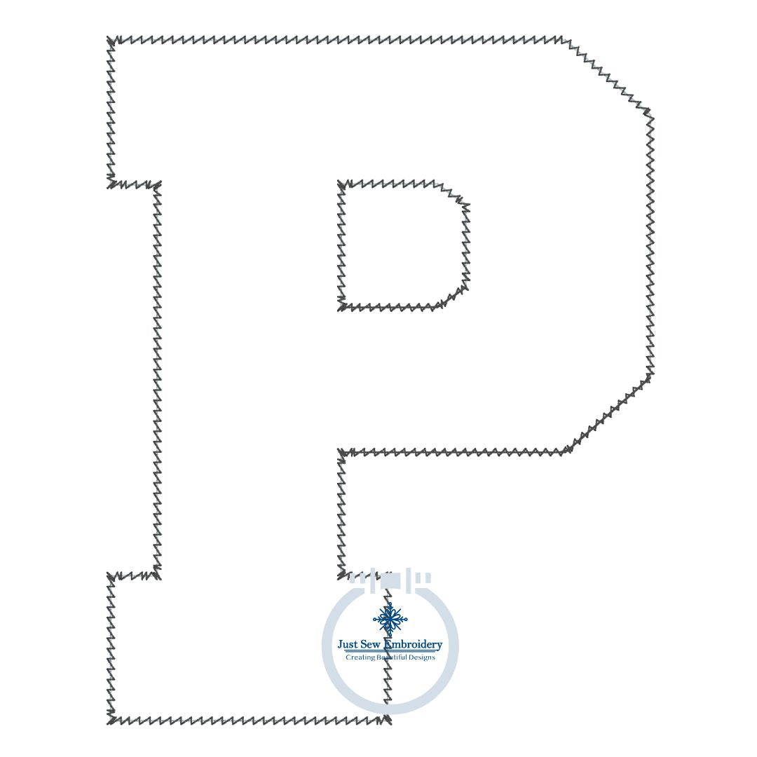 P Chenille Yarn Applique Varsity Font Zigzag Machine Embroidery Design Five Sizes 4x4, 5x5, 6x6, 7x7, and 8x8 Inch.