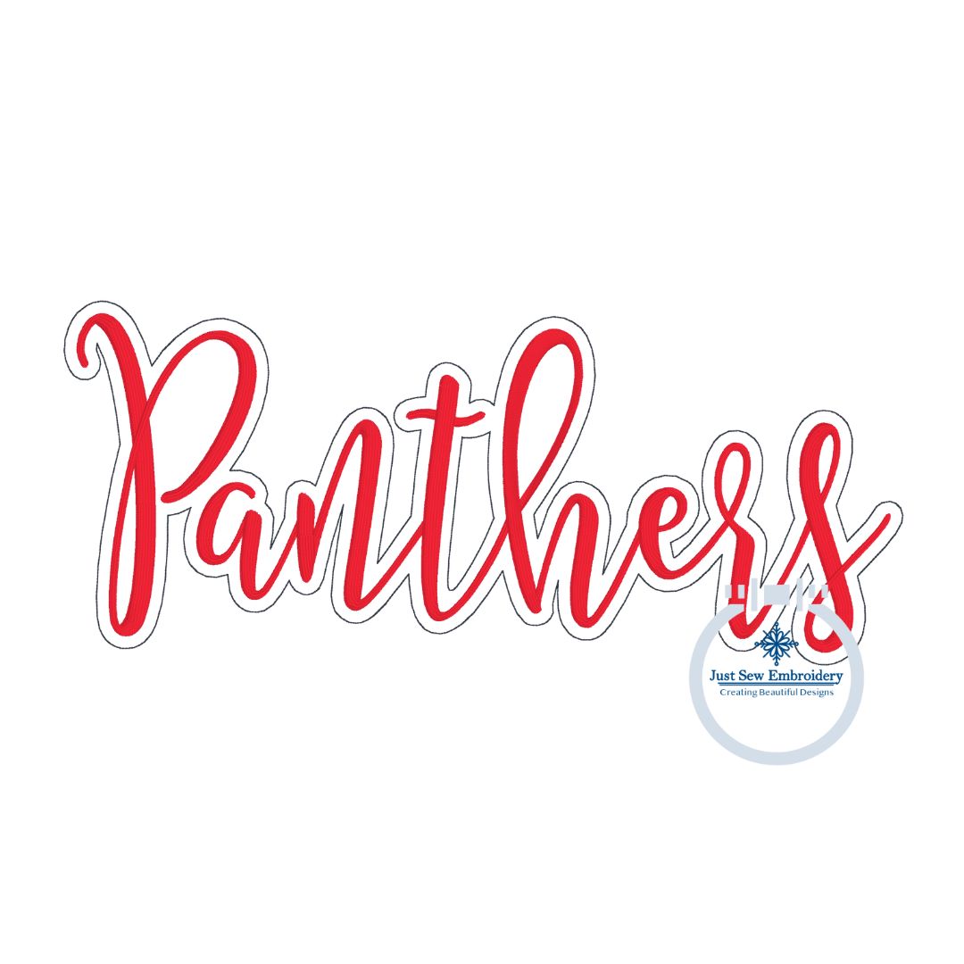 Panthers Script Embroidery with Bean Outline Satin Stitch Machine Design Four Sizes 5x7, 8x8, 6x10, 8x12 Hoop