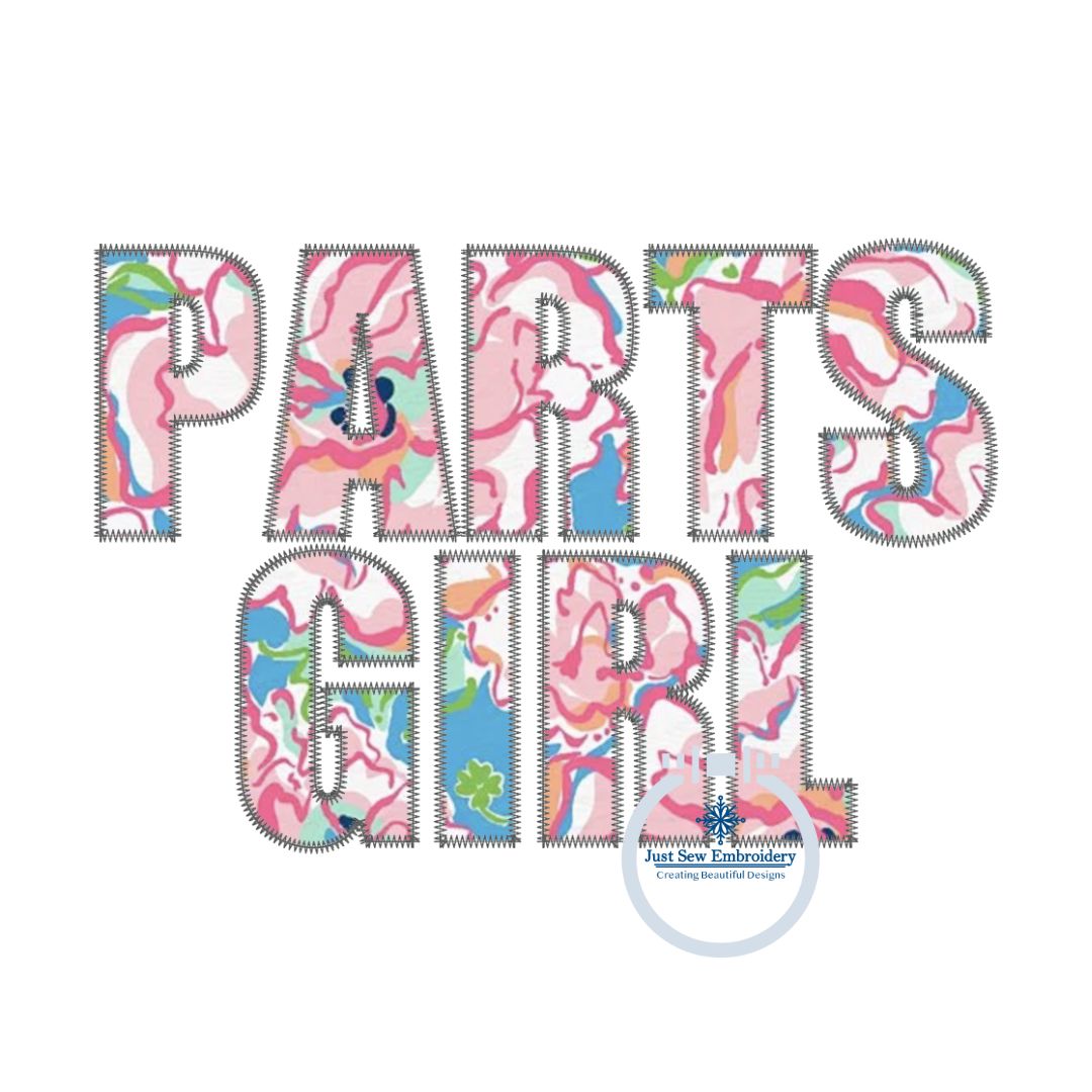 Parts Girl Block ZigZag Applique Embroidery Quick Stitch Shirt Design Two Sizes 6x10 and 8x12 Hoop