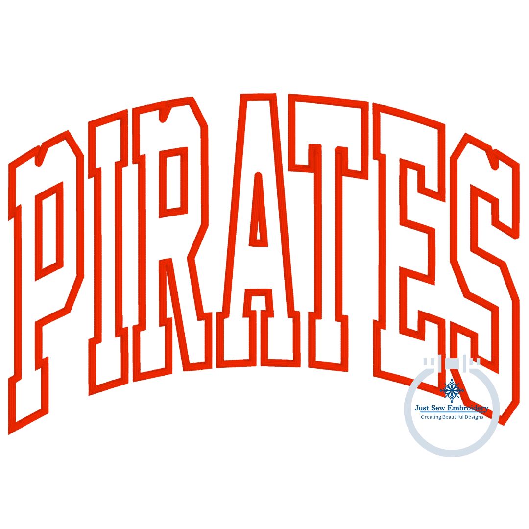 Pirates Arched Applique Embroidery Design Machine Embroidery Satin Edge Five Sizes 5x7, 8x8, 6x10, 7x12, and 8x12 Hoop