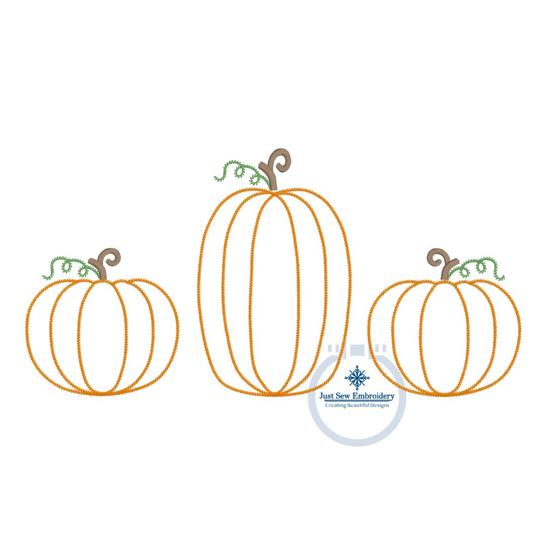 Pumpkin Trio Stem Stitch Machine Embroidery Design Three Sizes 5x7 Hoop, 6x10 Hoop, and 8x12 Hoop