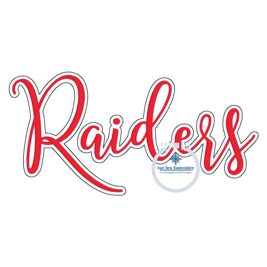 Raiders Embroidered Script Satin Stitch with Bean Stitch Outline Design Four Sizes 5x7, 8x8, 6x10, and 8x12 Hoop