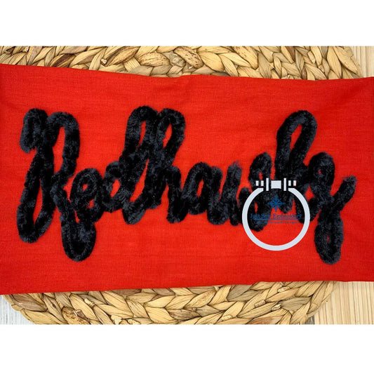 REDHAWKS Script Chenille Yarn Applique Design Machine Embroidery Two Sizes 6x10 and 7x12 Hoop