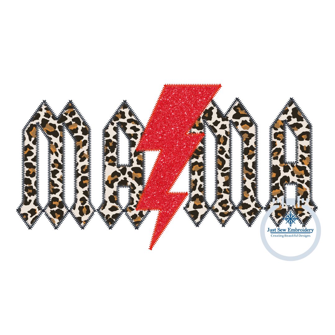 Rocker Mama Applique Embroidery Design Zigzag and Raggy Bean Stitch Edge Lightning Bolt Three Sizes 8x8, 6x10, and 8x12 Hoop