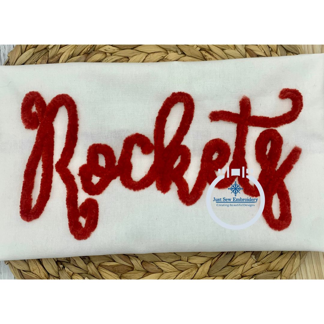 ROCKETS Script Chenille Yarn Applique Design Machine Embroidery Four Sizes 5x7, 8x8, 6x10, and 7x12 Hoop