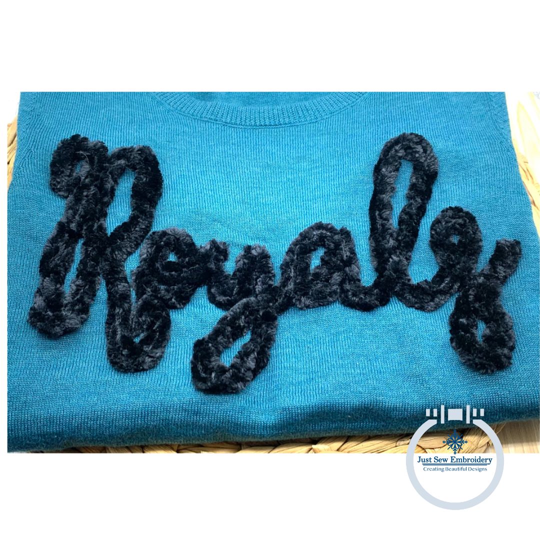 Royals Chenille Yarn Applique Script Zigzag Machine Embroidery Design Three Sizes 6x10, 7x12 and 8x12 Hoop