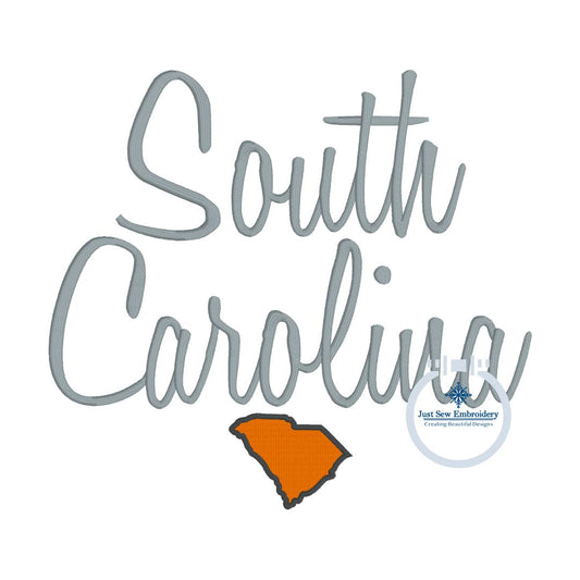 South Carolina SC Embroidery Design with State Satin Stitch Four Sizes 5x7, 8x8, 6x10, and 8x12 hoop