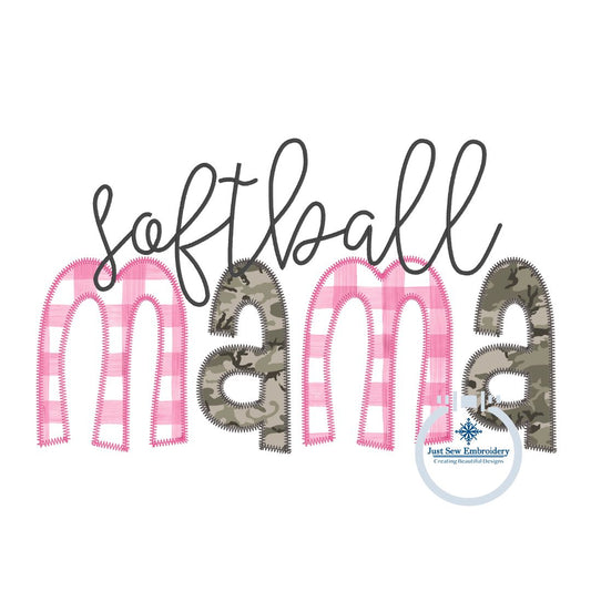 Softball MAMA Raggy and Zigzag Applique Machine Embroidery Design Two Sizes 6x10 Hoop and 8x12 Hoop