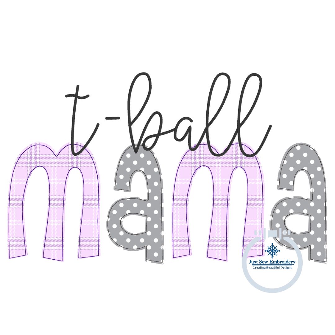 T-ball MAMA Raggy and Zigzag Applique Machine Embroidery Design Two Sizes 6x10 Hoop and 8x12 Hoop