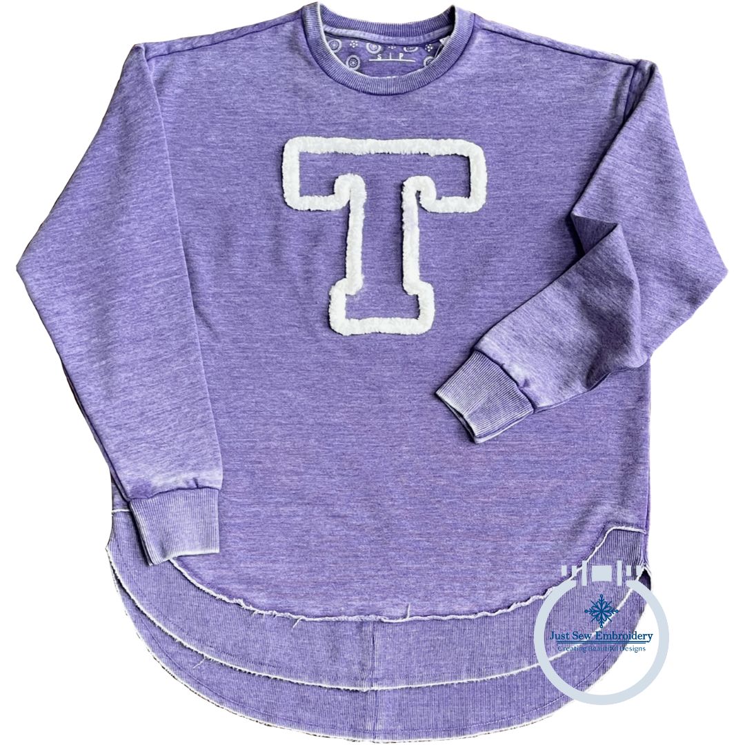 T Chenille Yarn Applique Varsity Font Zigzag Machine Embroidery Design Five Sizes 4x4, 5x5, 6x6, 7x7, and 8x8 Inch.