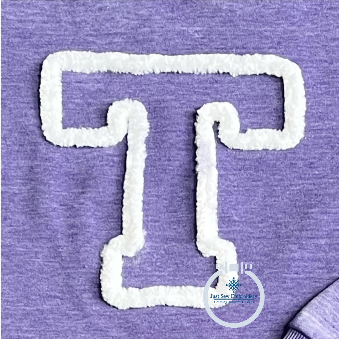 T Chenille Yarn Applique Varsity Font Zigzag Machine Embroidery Design Five Sizes 4x4, 5x5, 6x6, 7x7, and 8x8 Inch.