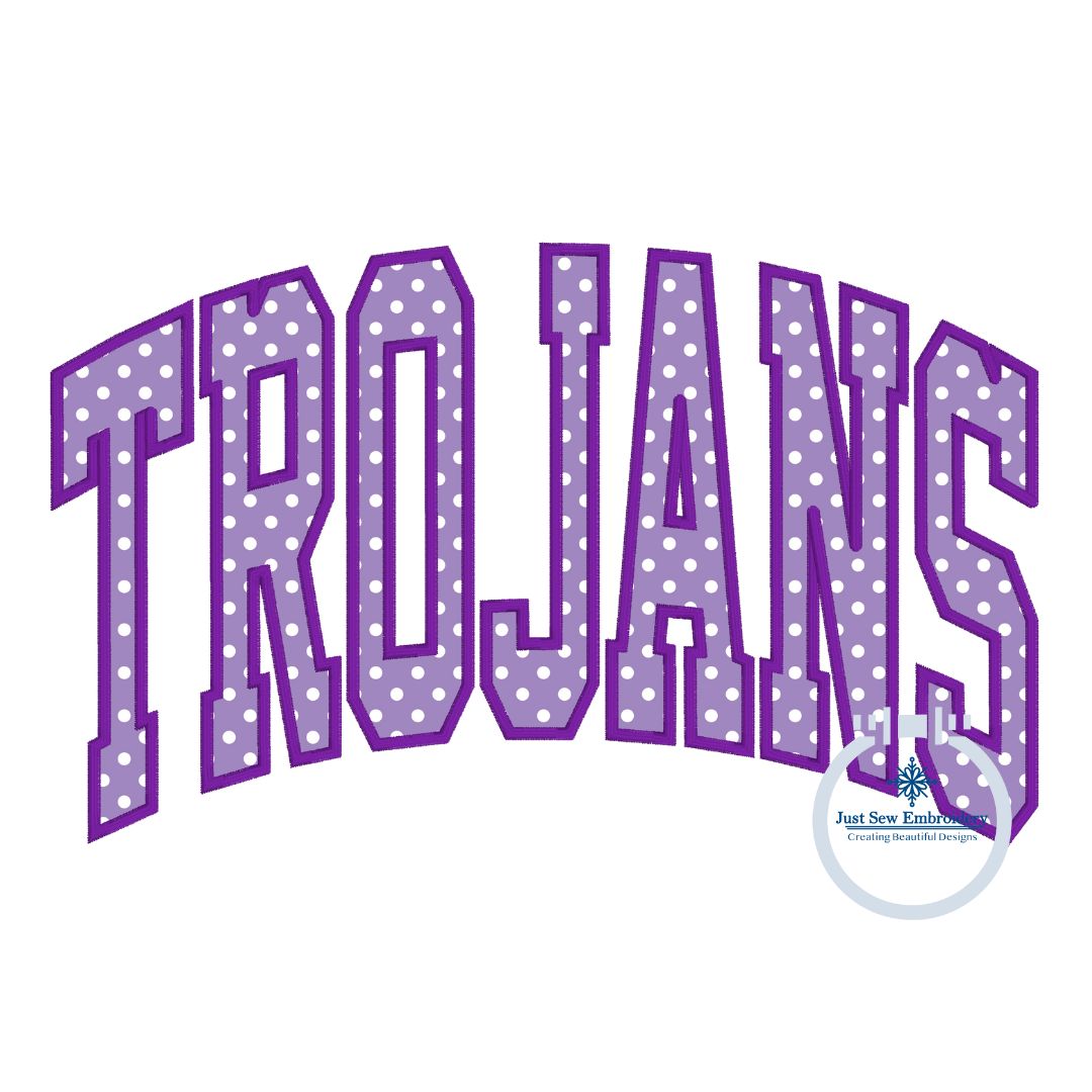 TROJANS Arched Applique Embroidery Satin Design Machine Embroidery Four Sizes 5x7, 6x10, 8x8, 8x12 Hoop