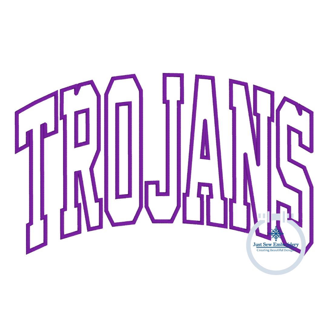 TROJANS Arched Applique Embroidery Satin Design Machine Embroidery Four Sizes 5x7, 6x10, 8x8, 8x12 Hoop