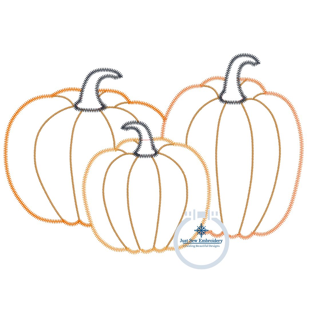 Pumpkin Trio Zigzag Applique Machine Embroidery Design Five Sizes 5x7, 8x8, 6x10, 7x12, 8x12 Hoop