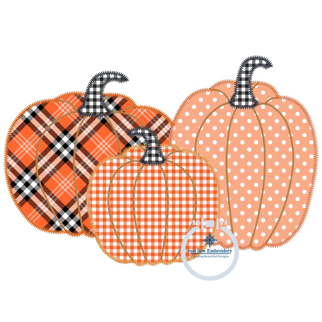 Pumpkin Trio Zigzag Applique Machine Embroidery Design Five Sizes 5x7, 8x8, 6x10, 7x12, 8x12 Hoop