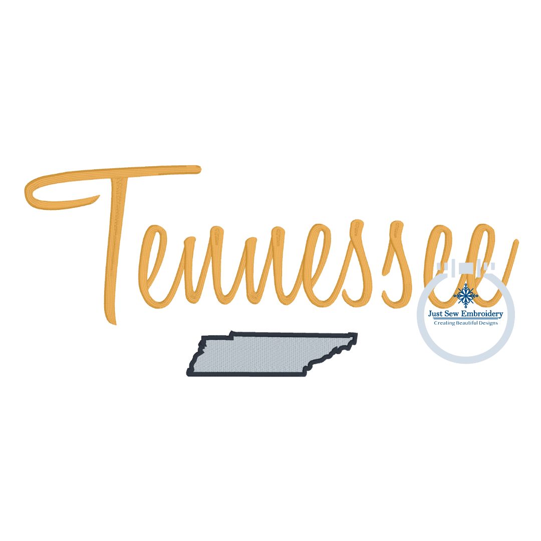 Tennessee Embroidery Design Satin Stitch Script with state in Four Sizes 5x7, 8x8, 6x10, 8x12 TN