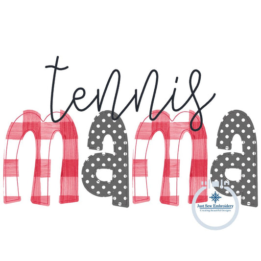 Tennis MAMA Raggy and Zigzag Applique Machine Embroidery Design Four Sizes 5x7, 8x8, 6x10, and 8x12 Hoop