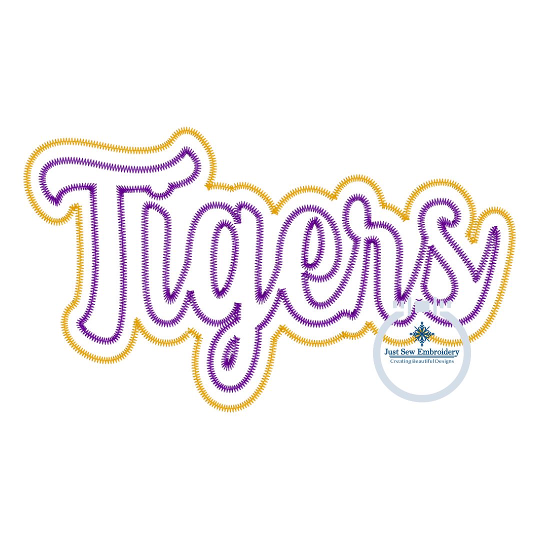 TIGERS Two Layer Applique Embroidery Zigzag Script Design Machine Embroidery Four Sizes 5x7, 6x10, 8x8,  8x12 Hoop