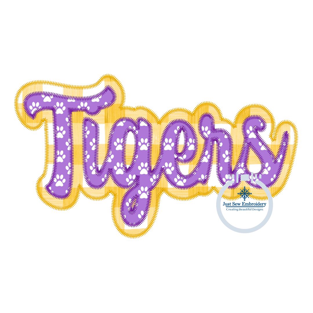 TIGERS Two Layer Applique Embroidery Zigzag Script Design Machine Embroidery Four Sizes 5x7, 6x10, 8x8,  8x12 Hoop