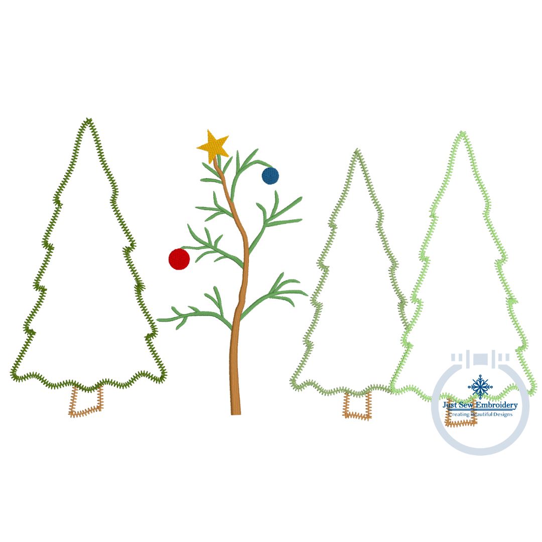 Christmas Tree Trio Applique with Stick Tree Embroidery Design Embroidered Charlie Brown Tree Three Sizes 8x8, 6x10, 8x12 Hoop