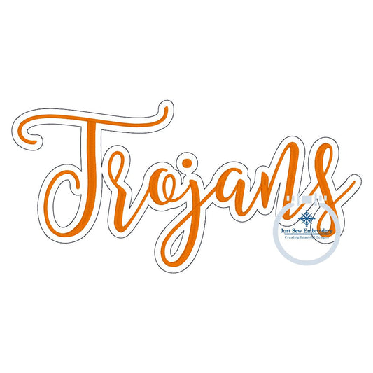 TROJANS Script Embroidery Design Satin Stitch with Bean Outline Four Sizes 5x7, 6x10, 8x8, 7x12 Hoop