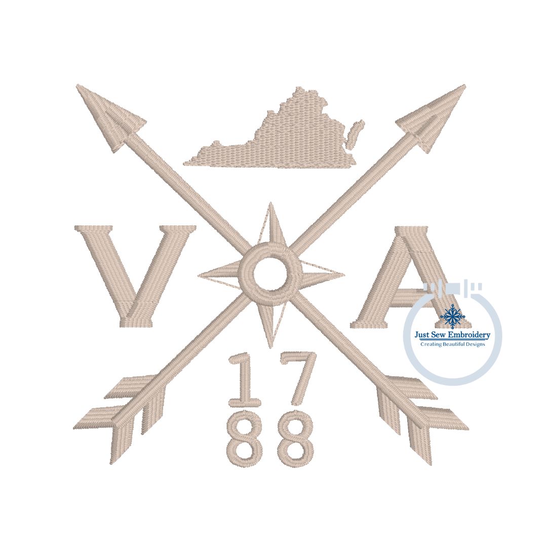 VA 1788 Arrow Embroidery Design Left Chest Hat 4x4 Virginia Compass Machine Embroidery