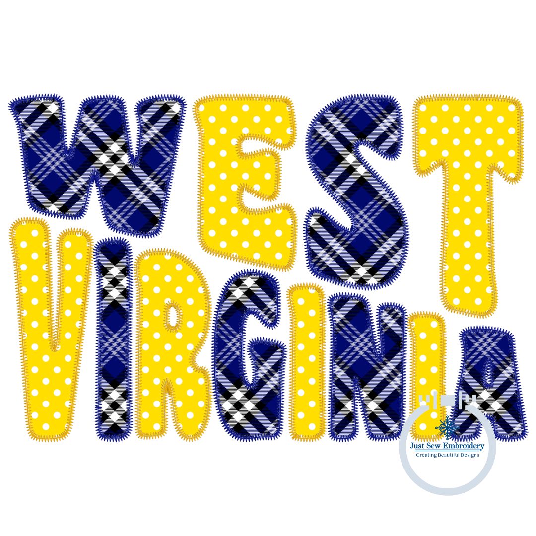 West Virginia Slant Applique Embroidery ZigZag Edge WV Five Sizes 5x7, 8x8, 6x10, 7x12, and 8x12 Hoop