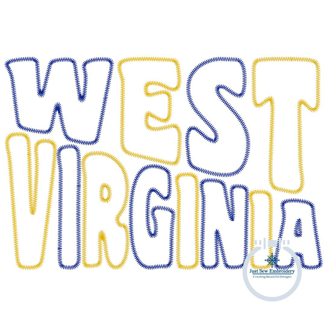 West Virginia Slant Applique Embroidery ZigZag Edge WV Five Sizes 5x7, 8x8, 6x10, 7x12, and 8x12 Hoop