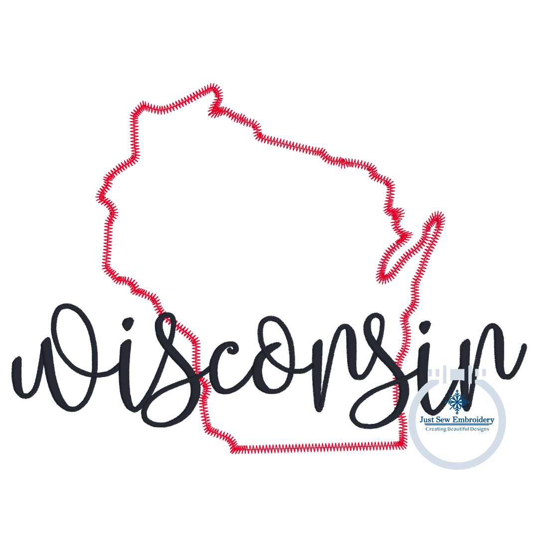 Wisconsin State Applique Embroidery with Satin Script Overlap Zigzag Applique Stitch Three Sizes 8x8, 6x10, and 8x12 Hoop