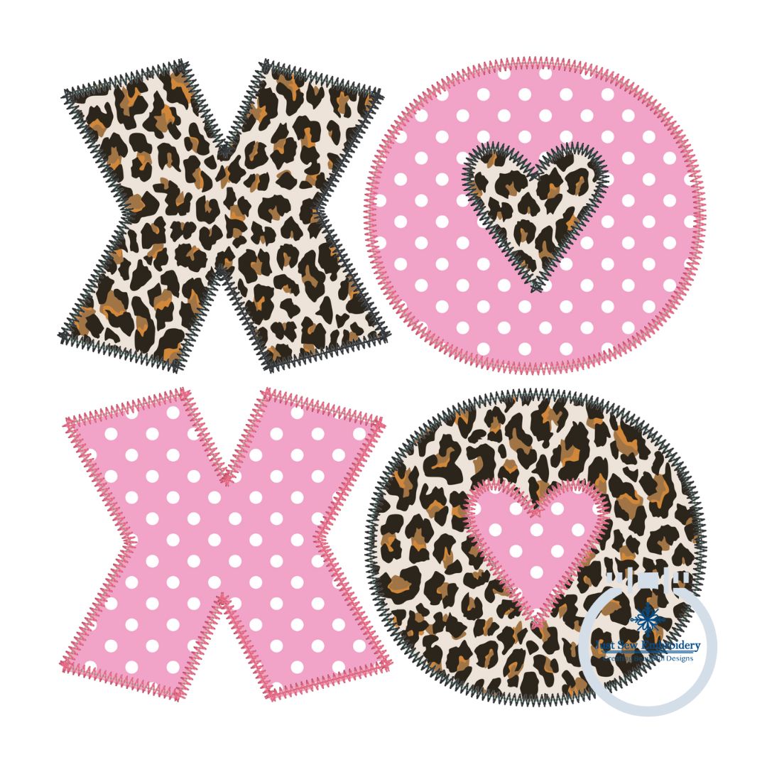 XOXO Square Applique Embroidery Zigzag Edge Stitch Design with Five Sizes 4x4, 5x5, 6x6, 7x7, 8x8