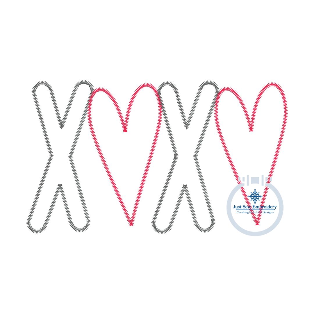 XOXO Hearts Zigzag Applique Embroidery Design Valentine's Day Five Sizes 4x4, 5x7, 8x8, 6x10, 7x12