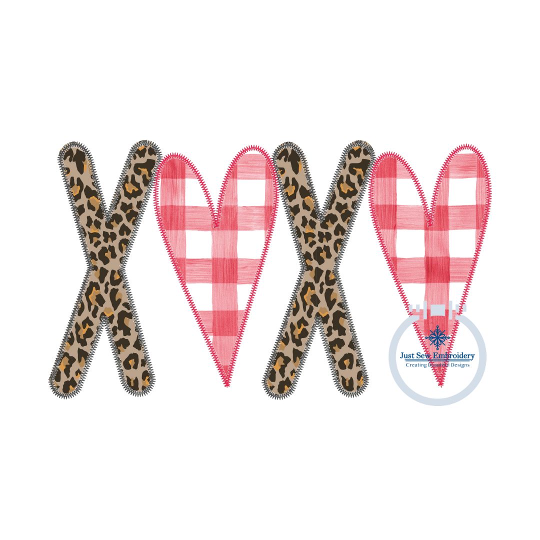 XOXO Hearts Zigzag Applique Embroidery Design Valentine's Day Five Sizes 4x4, 5x7, 8x8, 6x10, 7x12