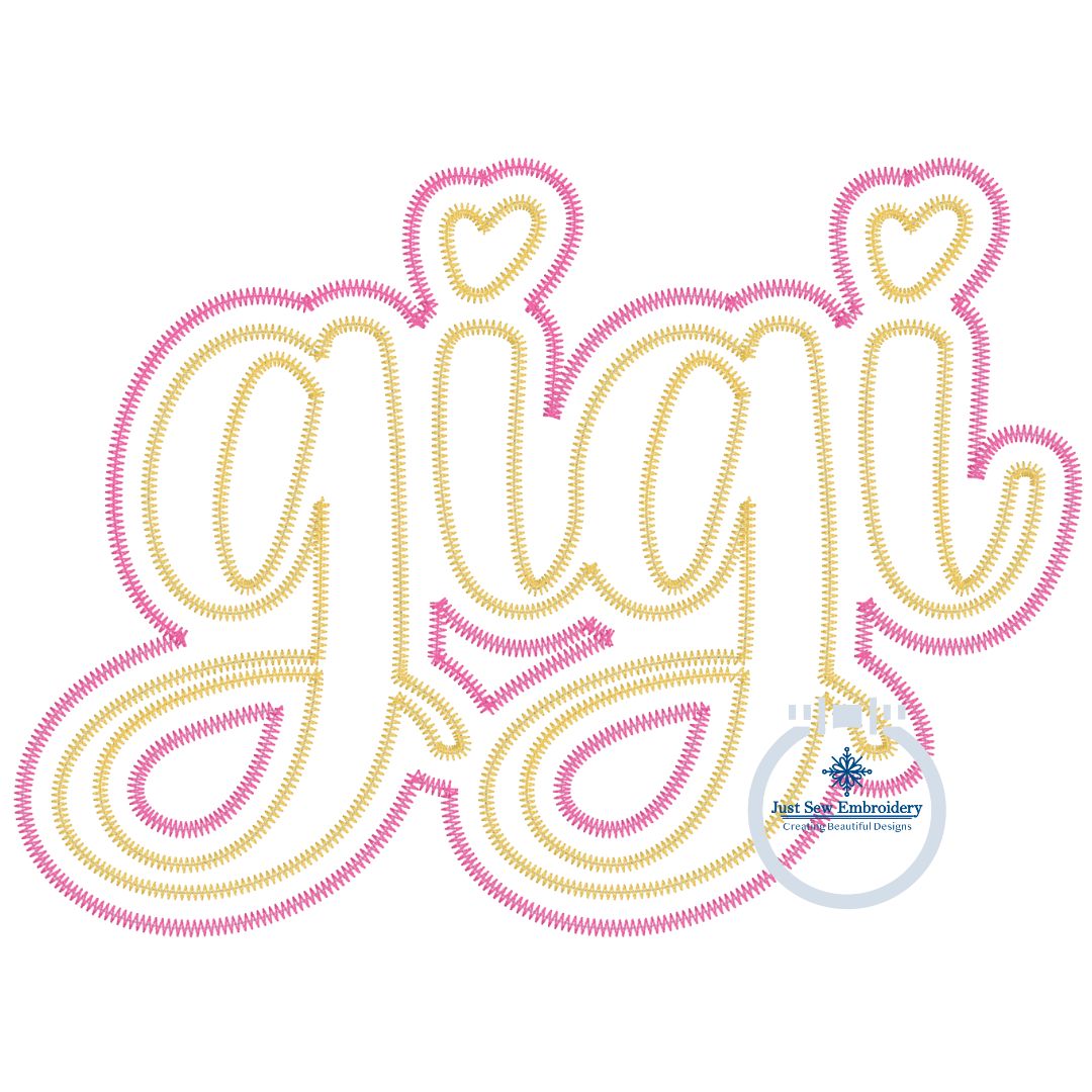 GIGI Double Zigzag Applique Embroidery Design Grandma Grandmother Mother's Day Gift Four Sizes 5x7, 6x10, 8x8, 7x12, and 8x12 Hoop