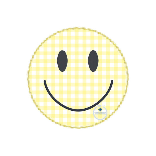 Applique Embroidery Smiley Face Design with Zigzag and Raggy Edge Stitch in Four Sizes 4", 5", 6", and 8".